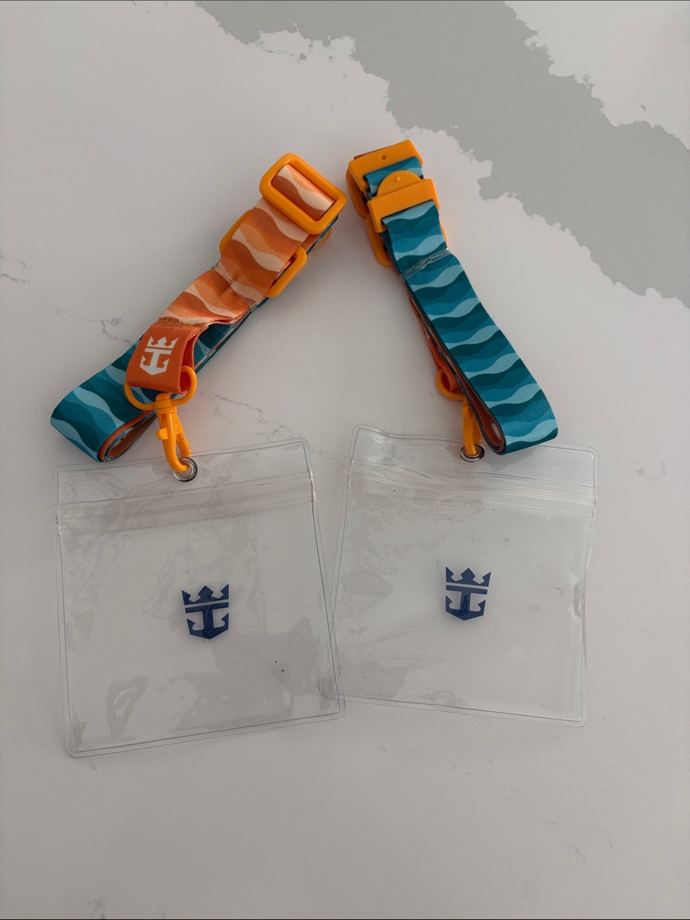 2 Clear ID Pouch Set Lanyards with Blue and Orange Wave Straps